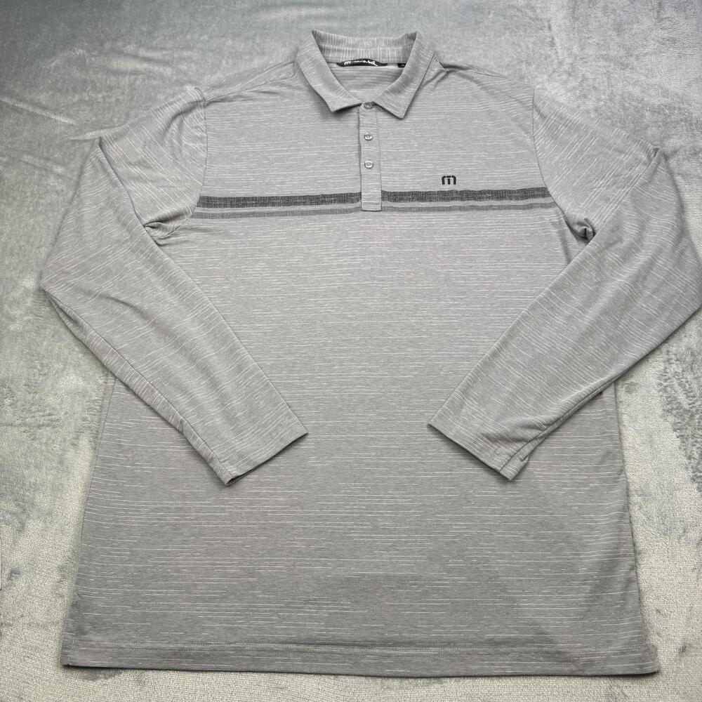 TravisMathew Polo Shirt Mens XL Gray Stripe Long Sleeve Golf Performance Stretch